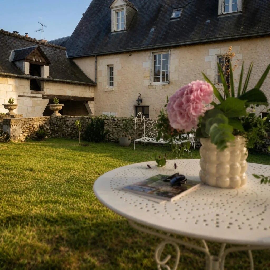 Une table blanche en fer forgé et un bouquet d’hortensias dans le jardin du Presbytère.